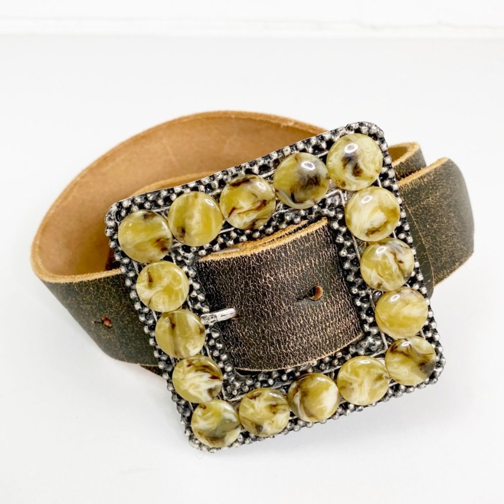 Beaded large square buckle brown leather belt 30